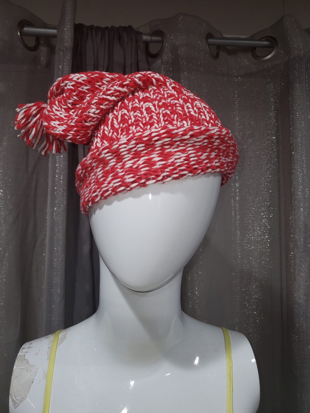 Handmade Red & White Knit Beanie - Women's Winter Hat Knitted GLOW Yarn!